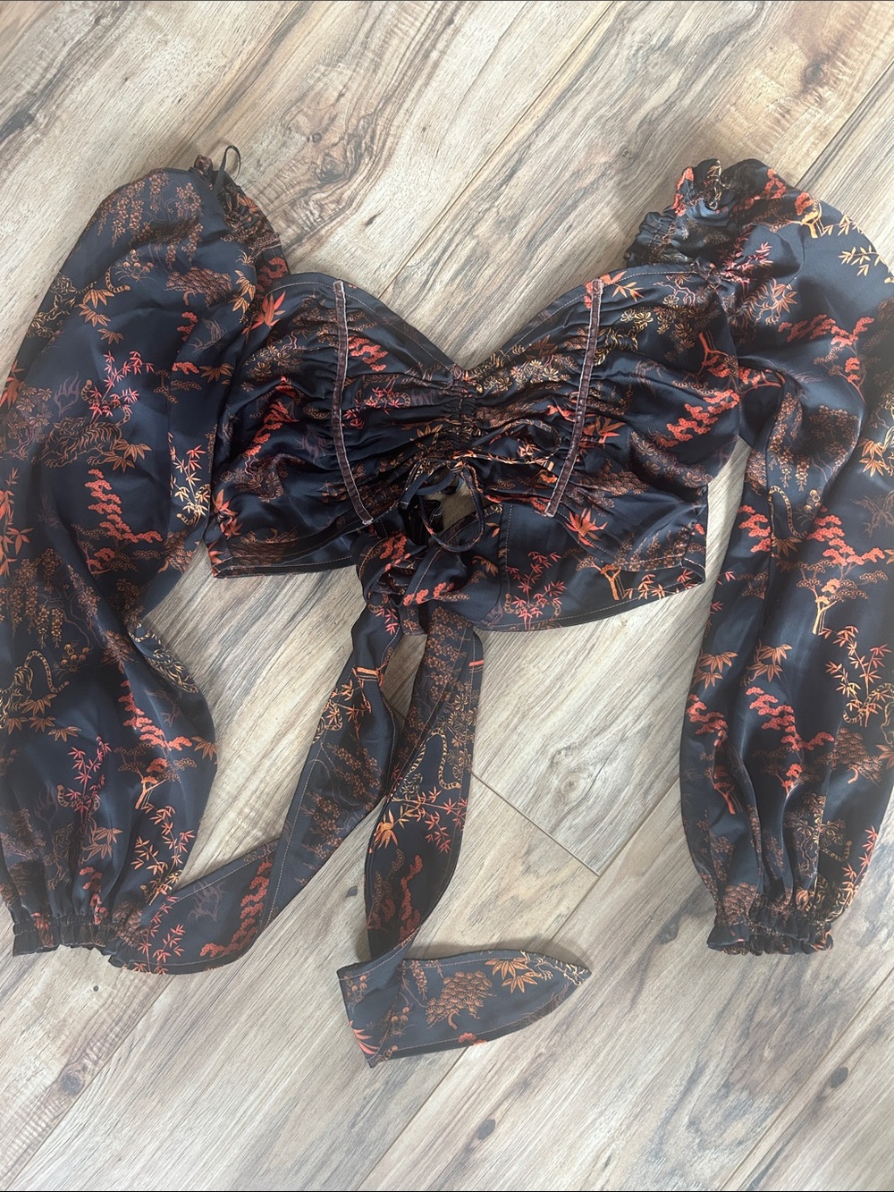 Urban Outfitters Black Satin Puff Sleeve Floral Tie-Front Crop Top